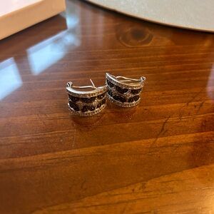 Sterling Silver Black Stone Huggie Earrings - Women Jewelry
